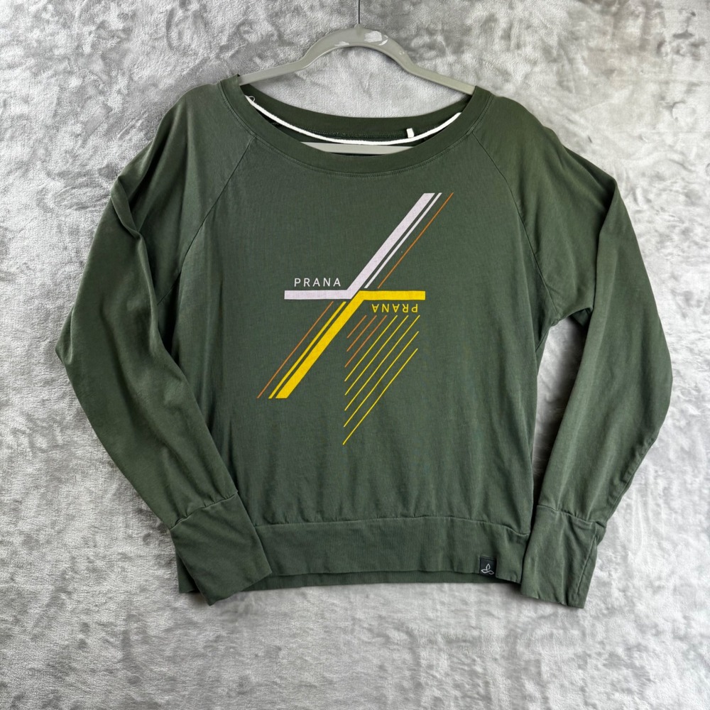 Prana Graphic Top Women XS Green Long Sleeve Raglan Scoop Neck Banded (1823)
